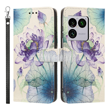 For Sony Xperia 1 VIII Painted Pattern Vegan Leather Phone Case with Strap - Purple Lotus - EDA009438308H