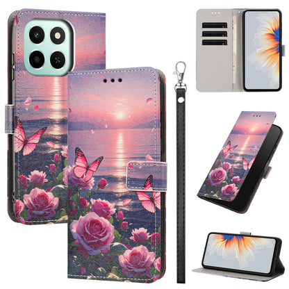 For Honor 600 Smart 5G Painted Pattern Vegan Leather Phone Case with Strap - Rose Butterfly - EDA009438524A