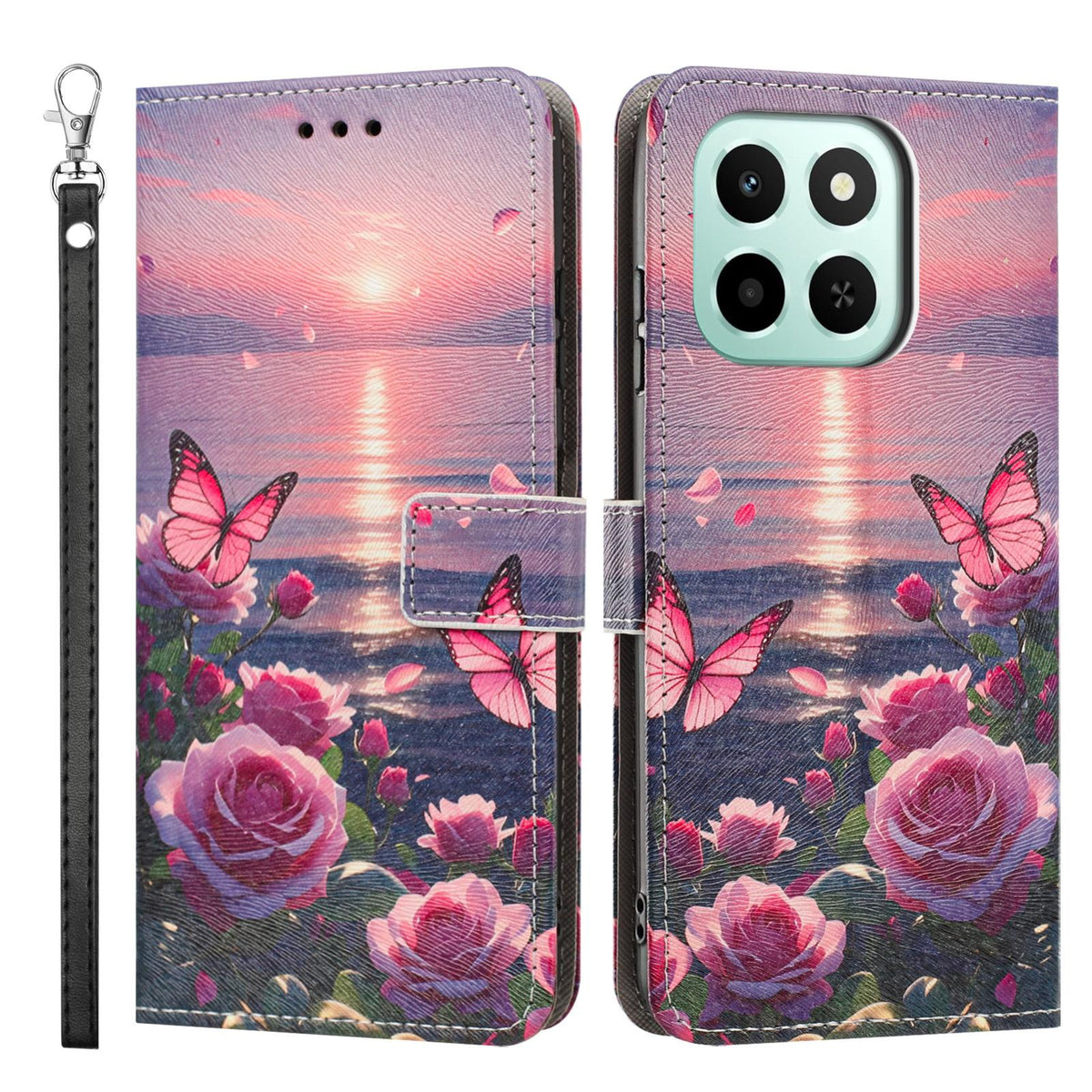 For Honor 600 Smart 5G Painted Pattern Vegan Leather Phone Case with Strap - Rose Butterfly - EDA009438524A