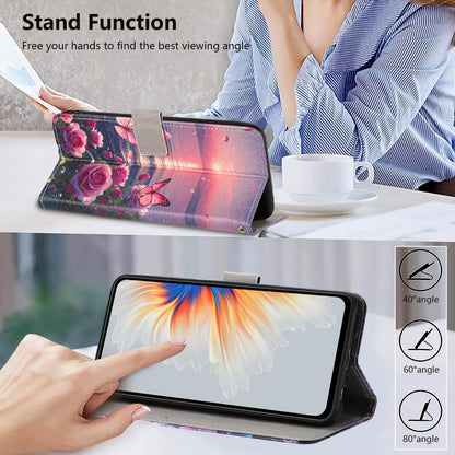 For Honor 600 Smart 5G Painted Pattern Vegan Leather Phone Case with Strap - Rose Butterfly - EDA009438524A