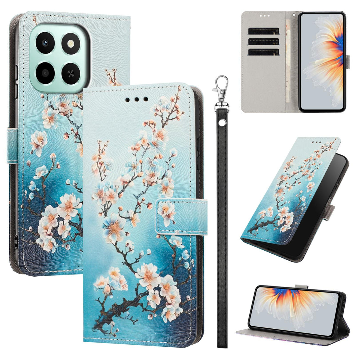 For Honor 600 Smart 5G Painted Pattern Vegan Leather Phone Case with Strap - Plum Blossom - EDA009438524B