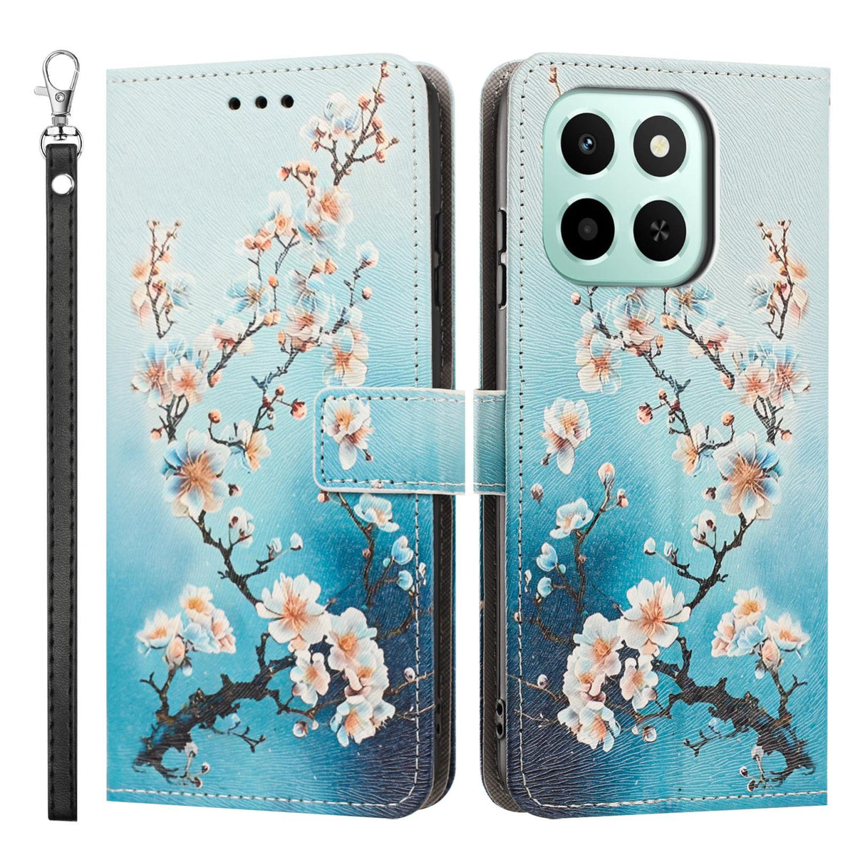 For Honor 600 Smart 5G Painted Pattern Vegan Leather Phone Case with Strap - Plum Blossom - EDA009438524B