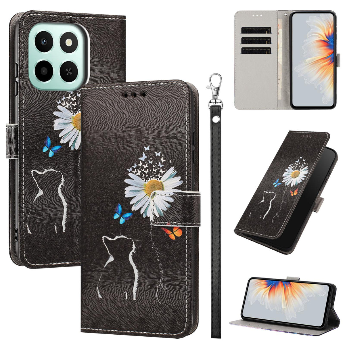 For Honor 600 Smart 5G Painted Pattern Vegan Leather Phone Case with Strap - Daisy Cat - EDA009438524D