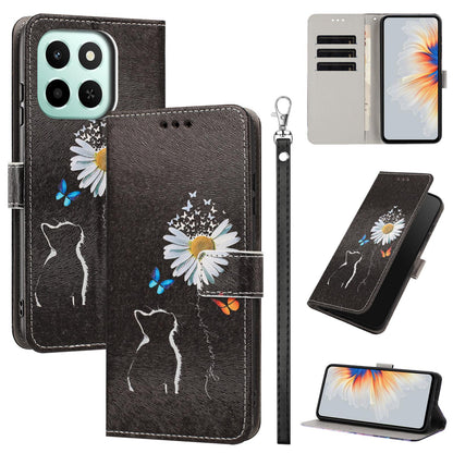 For Honor 600 Smart 5G Painted Pattern Vegan Leather Phone Case with Strap - Daisy Cat - EDA009438524D