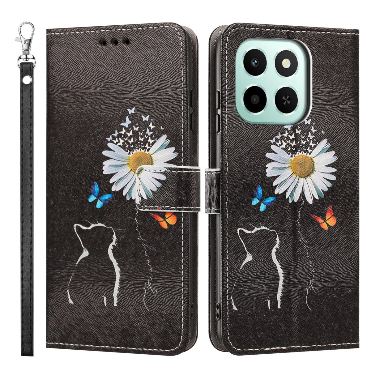 For Honor 600 Smart 5G Painted Pattern Vegan Leather Phone Case with Strap - Daisy Cat - EDA009438524D