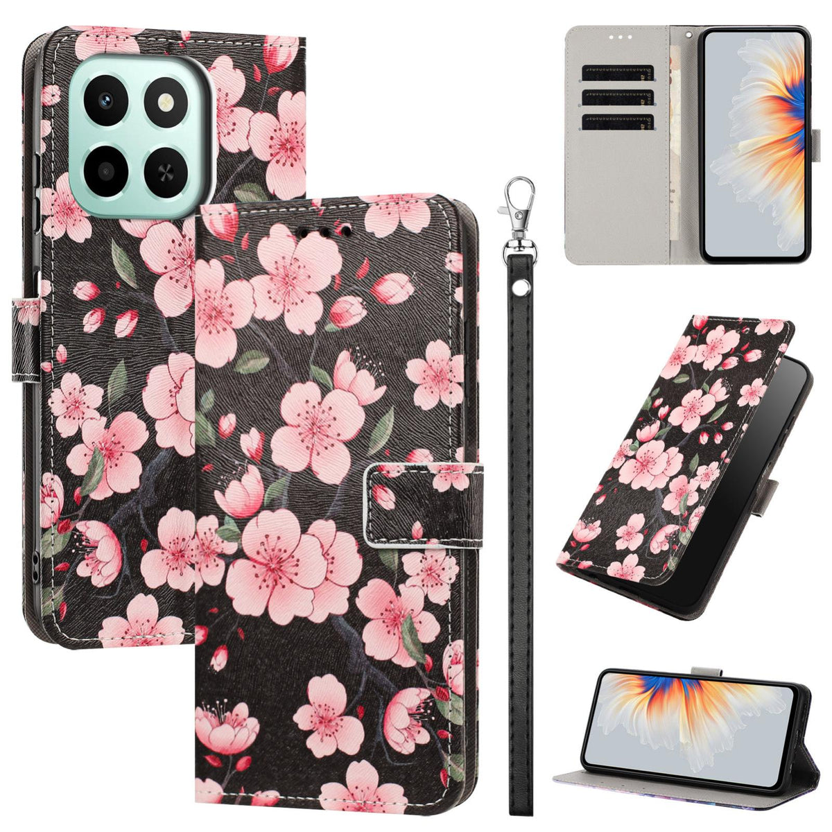 For Honor 600 Smart 5G Painted Pattern Vegan Leather Phone Case with Strap - Sakura - EDA009438524E
