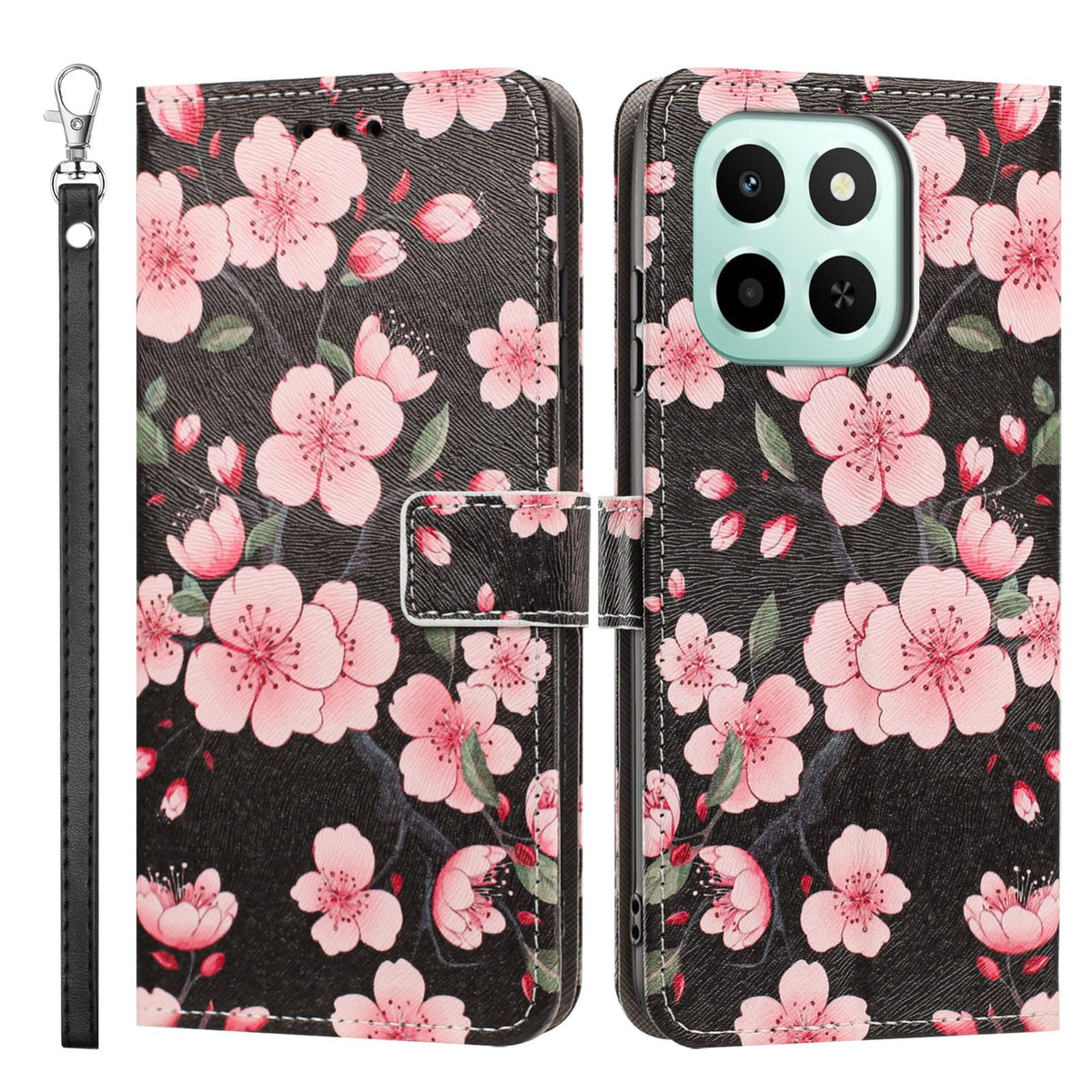 For Honor 600 Smart 5G Painted Pattern Vegan Leather Phone Case with Strap - Sakura - EDA009438524E