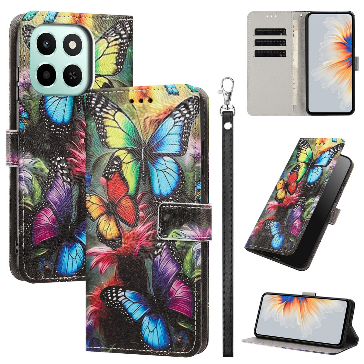 For Honor 600 Smart 5G Painted Pattern Vegan Leather Phone Case with Strap - Colorful Butterfly - EDA009438524F