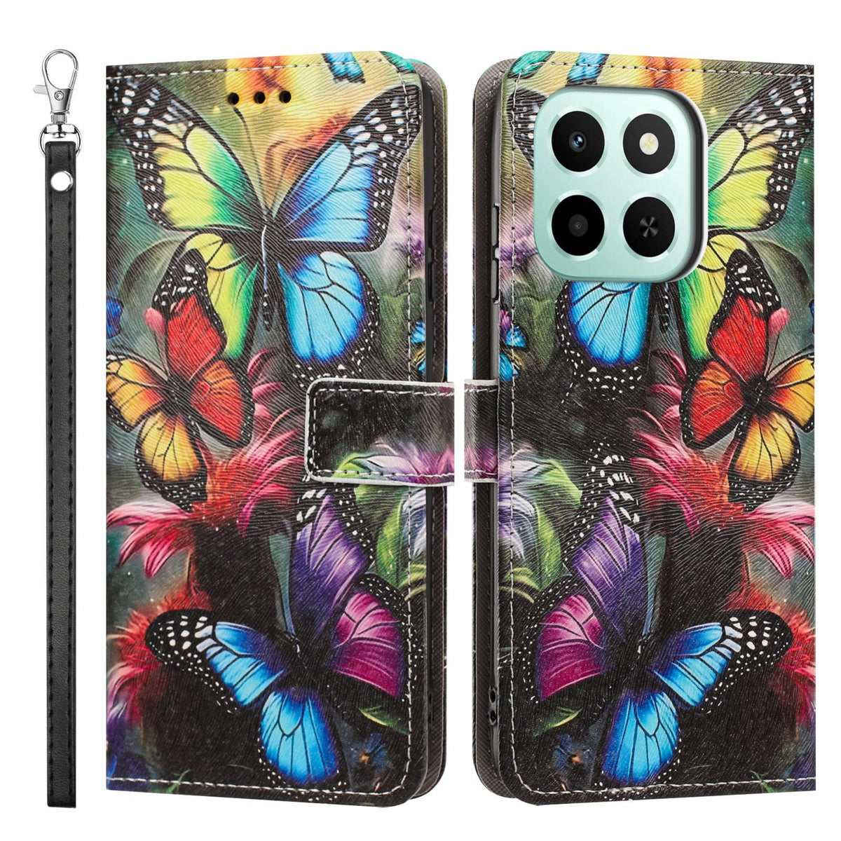 For Honor 600 Smart 5G Painted Pattern Vegan Leather Phone Case with Strap - Colorful Butterfly - EDA009438524F