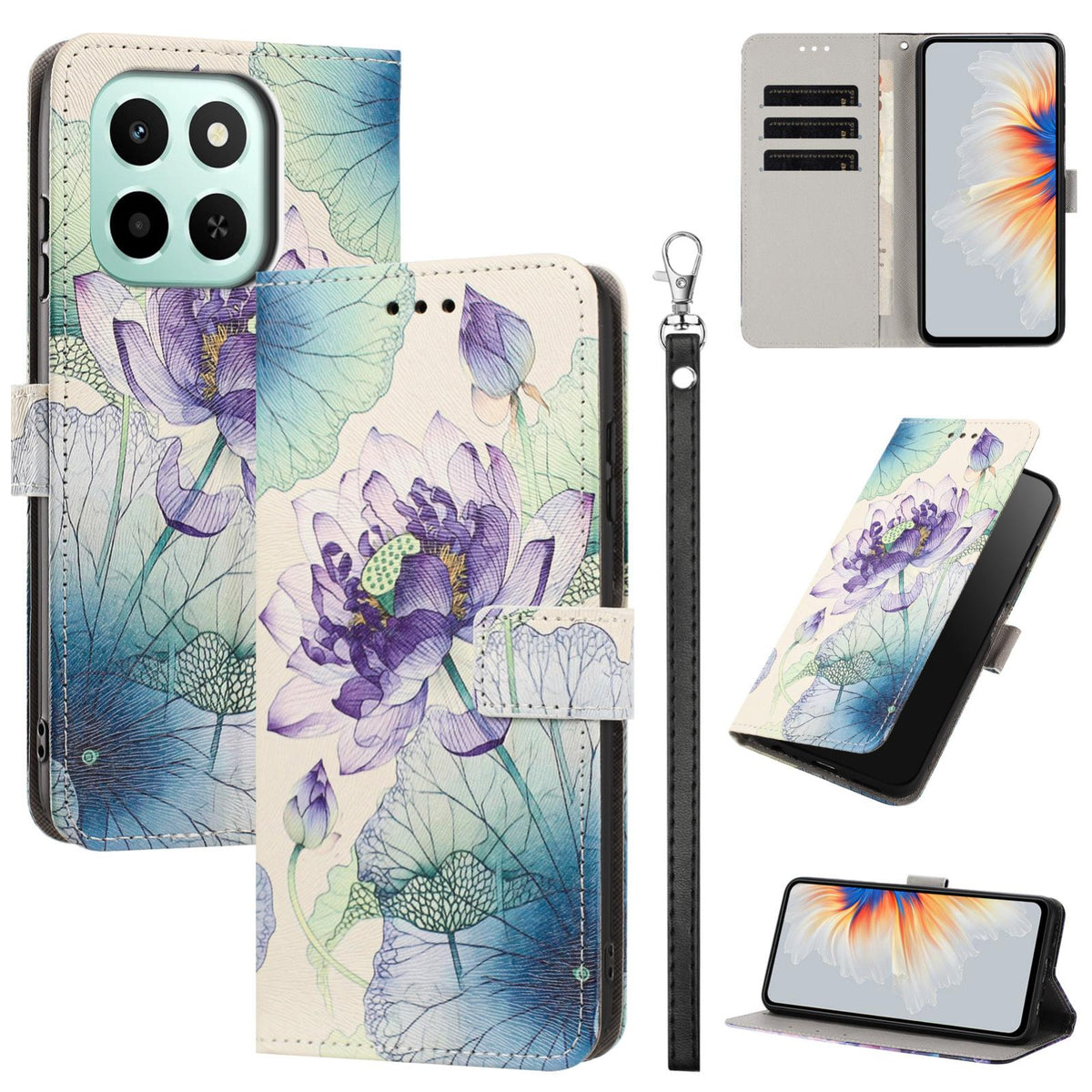 For Honor 600 Smart 5G Painted Pattern Vegan Leather Phone Case with Strap - Purple Lotus - EDA009438524H