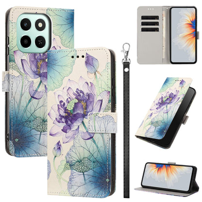 For Honor 600 Smart 5G Painted Pattern Vegan Leather Phone Case with Strap - Purple Lotus - EDA009438524H