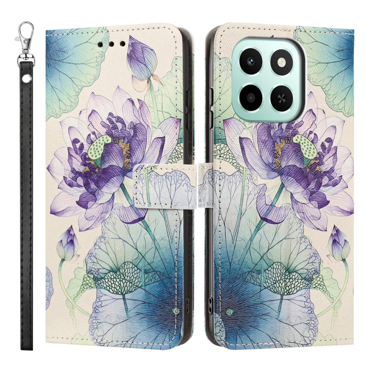 For Honor 600 Smart 5G Painted Pattern Vegan Leather Phone Case with Strap - Purple Lotus - EDA009438524H