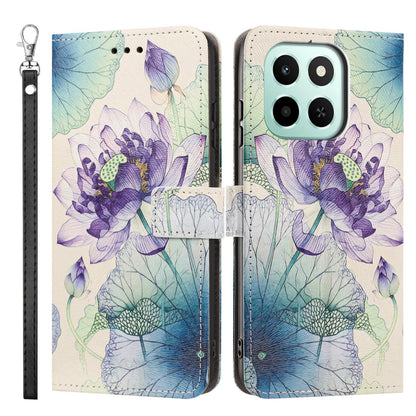For Honor 600 Smart 5G Painted Pattern Vegan Leather Phone Case with Strap - Purple Lotus - EDA009438524H