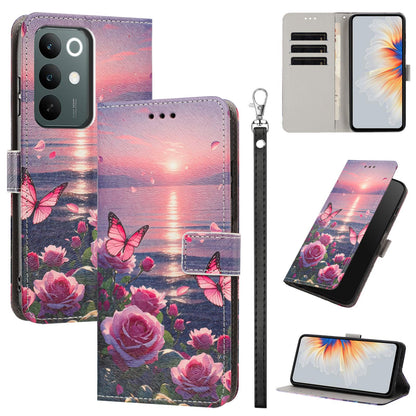 For Realme C100 / C100i / C100x 4G Painted Pattern Vegan Leather Phone Case with Strap - Rose Butterfly - EDA009449624A