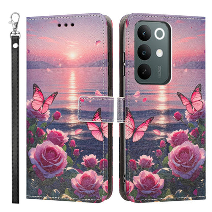 For Realme C100 / C100i / C100x 4G Painted Pattern Vegan Leather Phone Case with Strap - Rose Butterfly - EDA009449624A