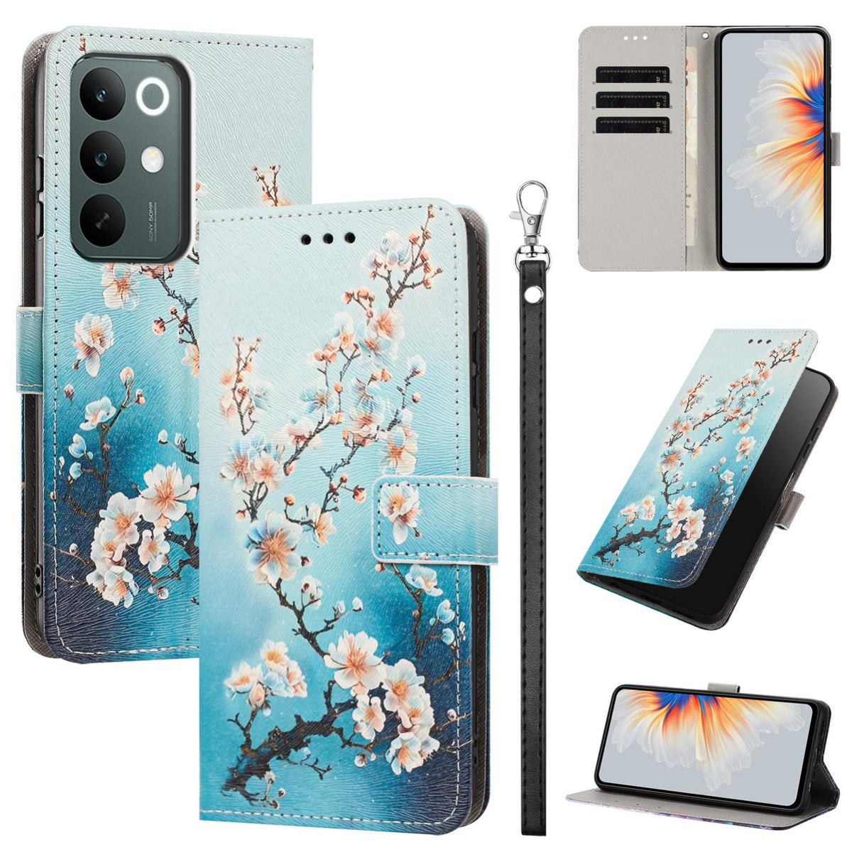 For Realme C100 / C100i / C100x 4G Painted Pattern Vegan Leather Phone Case with Strap - Plum Blossom - EDA009449624B