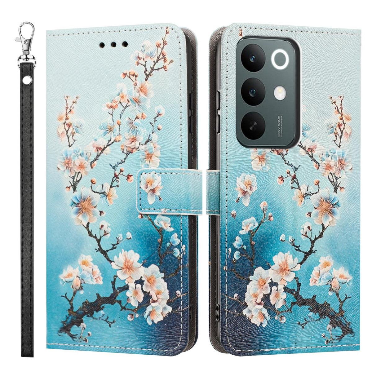 For Realme C100 / C100i / C100x 4G Painted Pattern Vegan Leather Phone Case with Strap - Plum Blossom - EDA009449624B