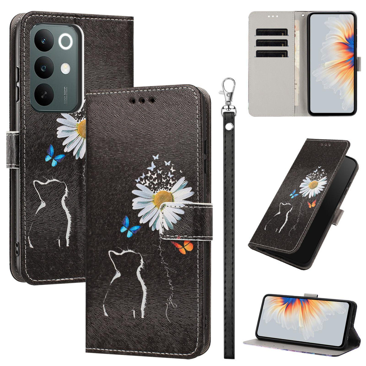For Realme C100 / C100i / C100x 4G Painted Pattern Vegan Leather Phone Case with Strap - Daisy Cat - EDA009449624D