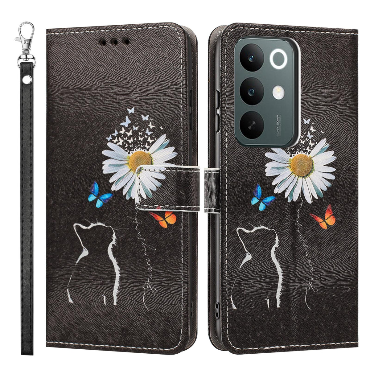 For Realme C100 / C100i / C100x 4G Painted Pattern Vegan Leather Phone Case with Strap - Daisy Cat - EDA009449624D