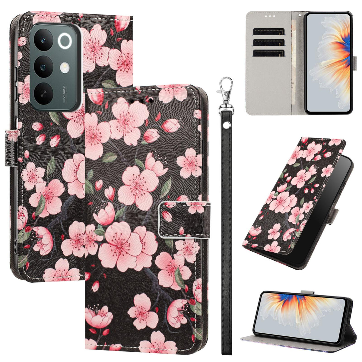 For Realme C100 / C100i / C100x 4G Painted Pattern Vegan Leather Phone Case with Strap - Sakura - EDA009449624E