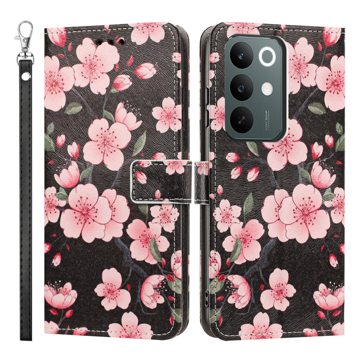 For Realme C100 / C100i / C100x 4G Painted Pattern Vegan Leather Phone Case with Strap - Sakura - EDA009449624E