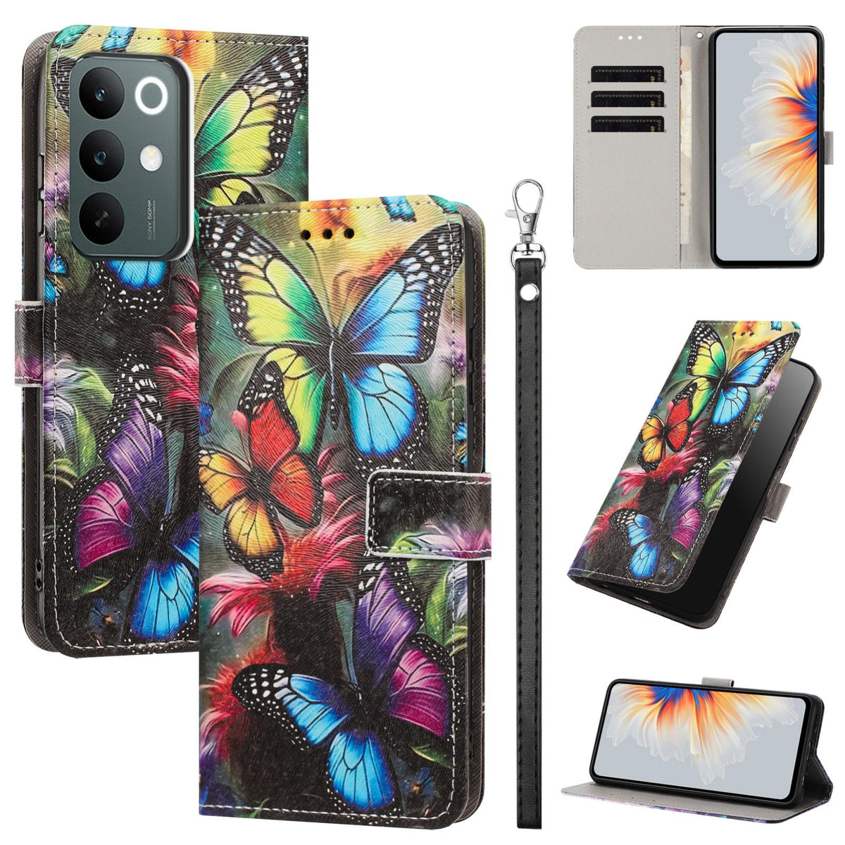 For Realme C100 / C100i / C100x 4G Painted Pattern Vegan Leather Phone Case with Strap - Colorful Butterfly - EDA009449624F
