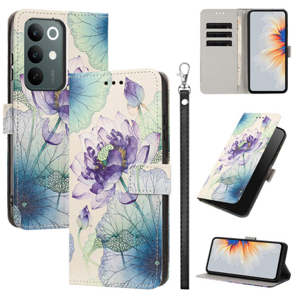 For Realme C100 / C100i / C100x 4G Painted Pattern Vegan Leather Phone Case with Strap - Purple Lotus - EDA009449624H