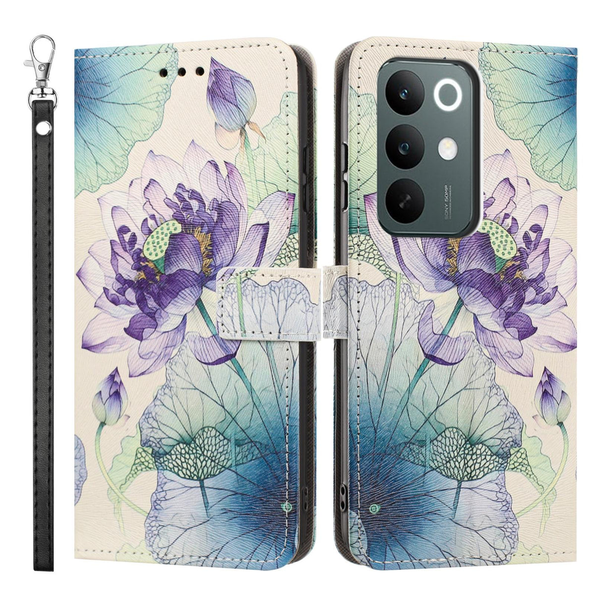 For Realme C100 / C100i / C100x 4G Painted Pattern Vegan Leather Phone Case with Strap - Purple Lotus - EDA009449624H