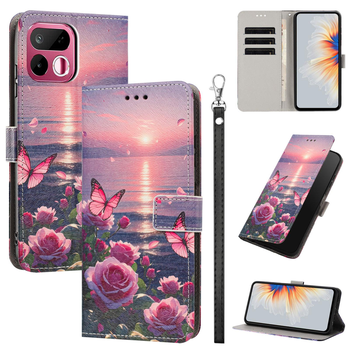 For Realme 16T 5G Painted Pattern Vegan Leather Phone Case with Strap - Rose Butterfly - EDA009449625A