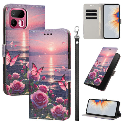 For Realme 16T 5G Painted Pattern Vegan Leather Phone Case with Strap - Rose Butterfly - EDA009449625A