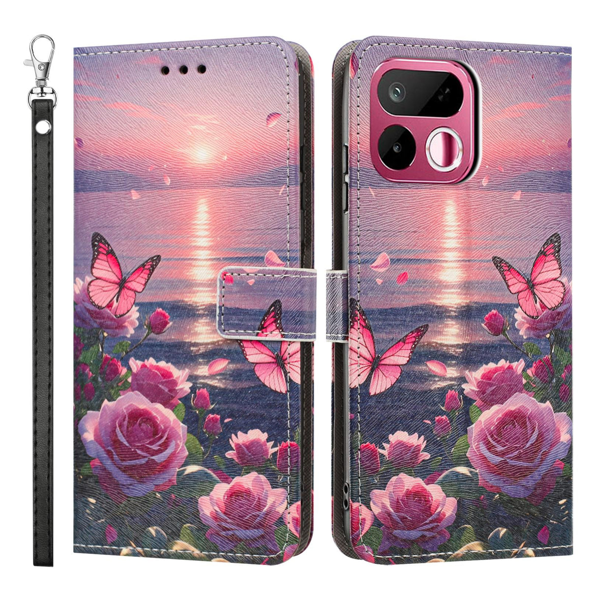 For Realme 16T 5G Painted Pattern Vegan Leather Phone Case with Strap - Rose Butterfly - EDA009449625A