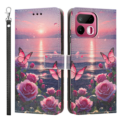 For Realme 16T 5G Painted Pattern Vegan Leather Phone Case with Strap - Rose Butterfly - EDA009449625A
