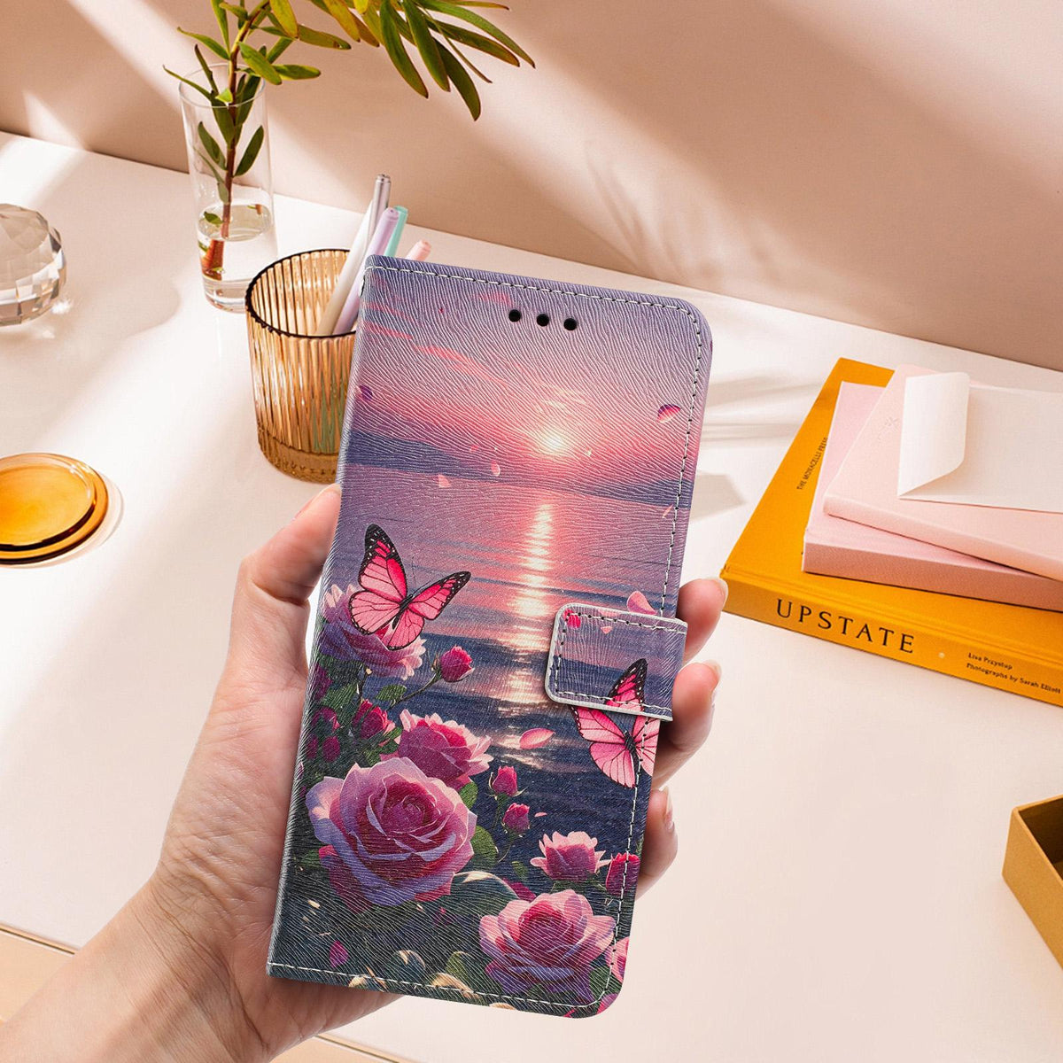 For Realme 16T 5G Painted Pattern Vegan Leather Phone Case with Strap - Rose Butterfly - EDA009449625A