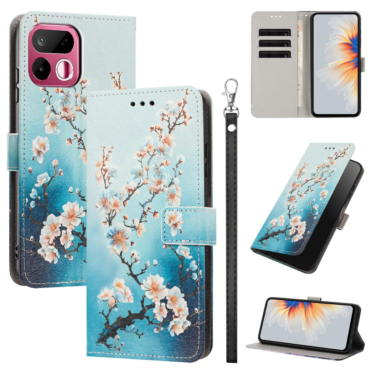 For Realme 16T 5G Painted Pattern Vegan Leather Phone Case with Strap - Plum Blossom - EDA009449625B