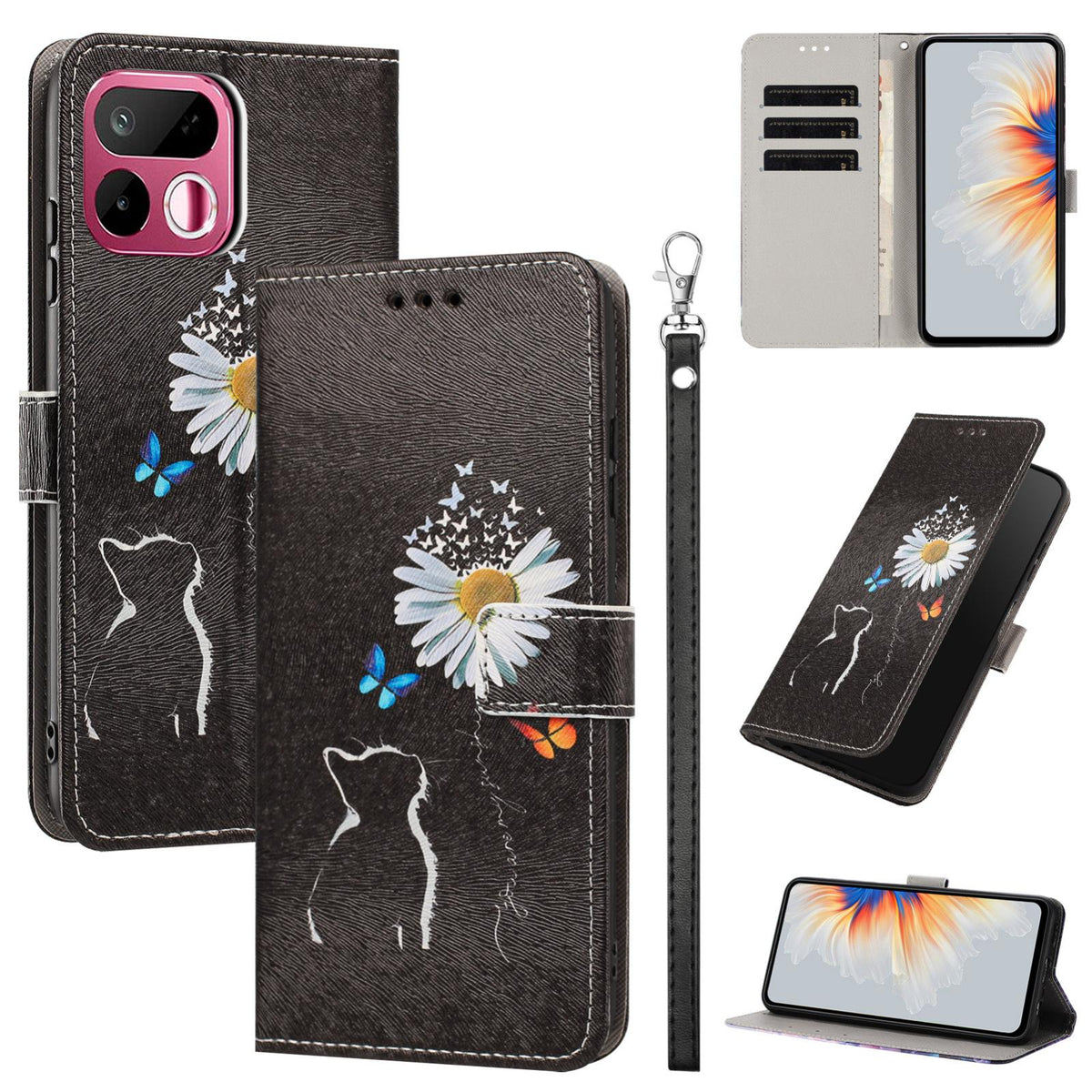 For Realme 16T 5G Painted Pattern Vegan Leather Phone Case with Strap - Daisy Cat - EDA009449625D