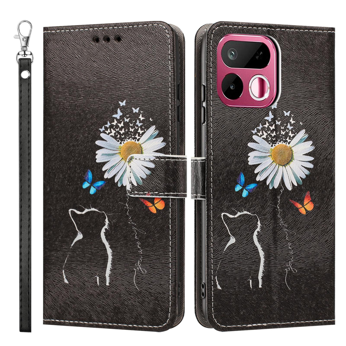 For Realme 16T 5G Painted Pattern Vegan Leather Phone Case with Strap - Daisy Cat - EDA009449625D