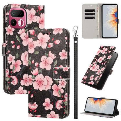 For Realme 16T 5G Painted Pattern Vegan Leather Phone Case with Strap - Sakura - EDA009449625E