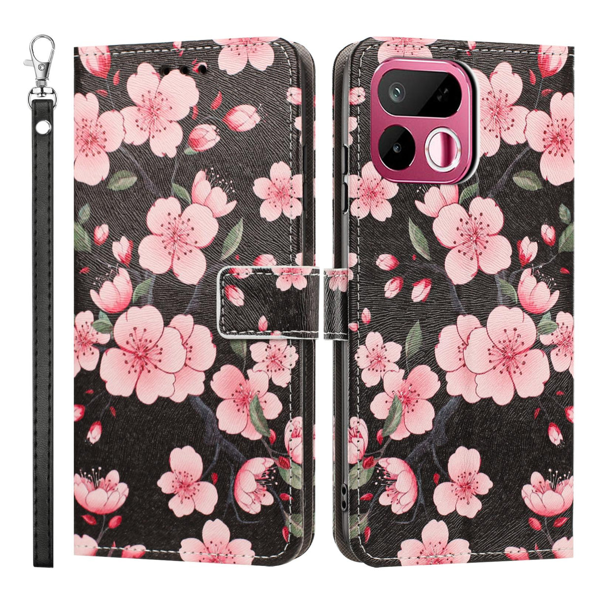 For Realme 16T 5G Painted Pattern Vegan Leather Phone Case with Strap - Sakura - EDA009449625E