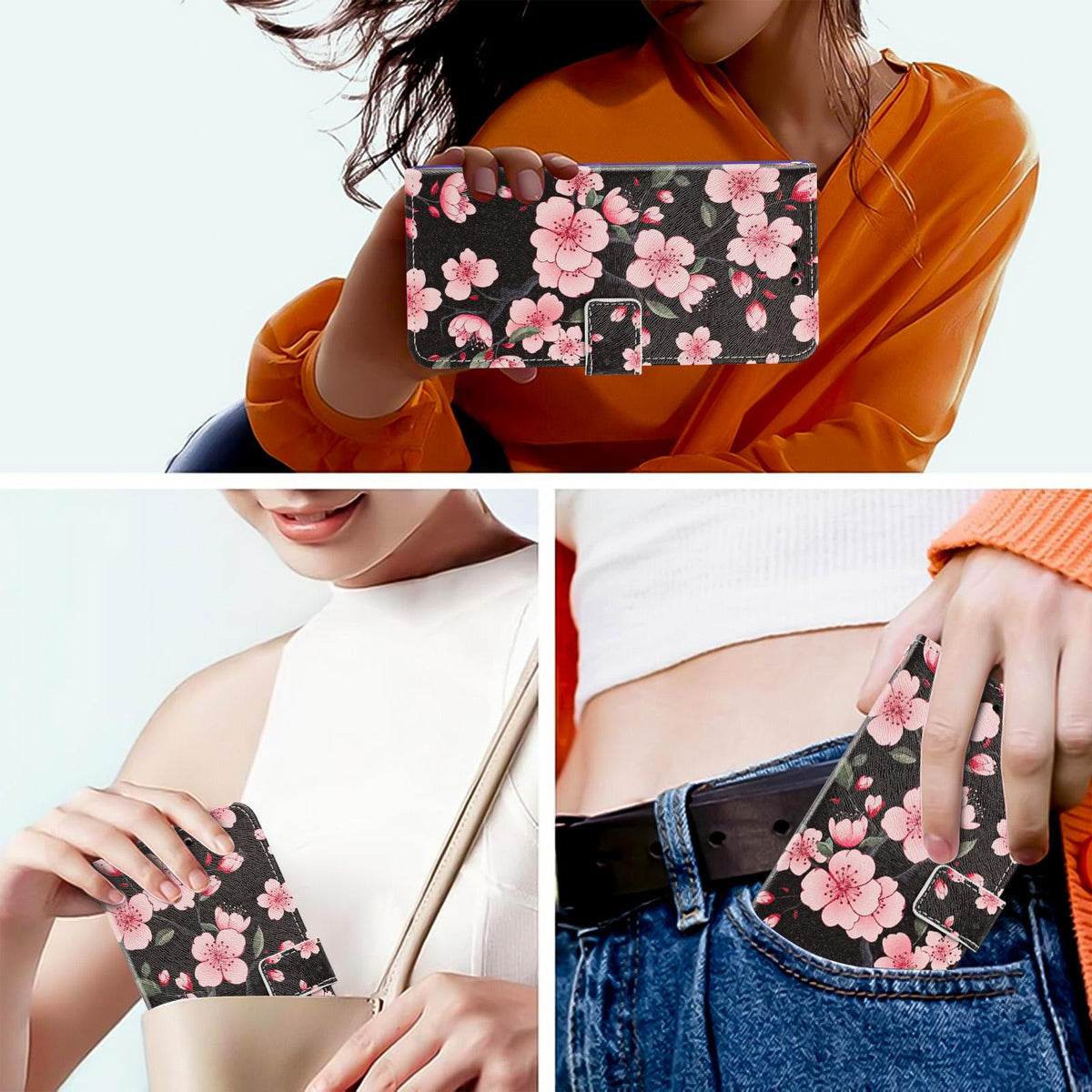 For Realme 16T 5G Painted Pattern Vegan Leather Phone Case with Strap - Sakura - EDA009449625E