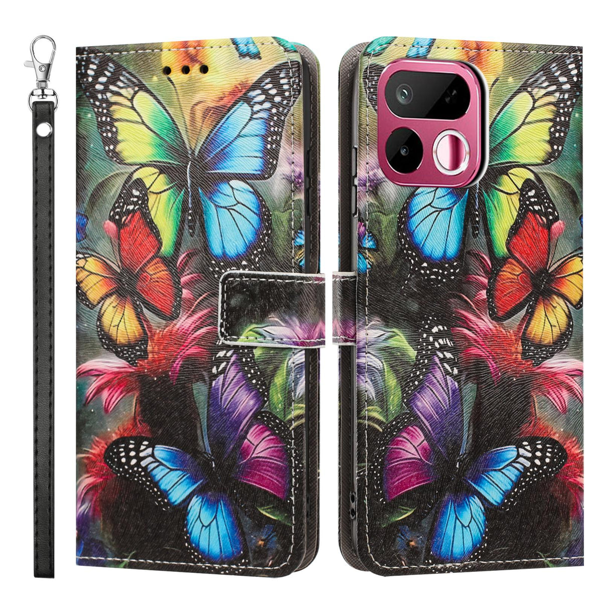 For Realme 16T 5G Painted Pattern Vegan Leather Phone Case with Strap - Colorful Butterfly - EDA009449625F