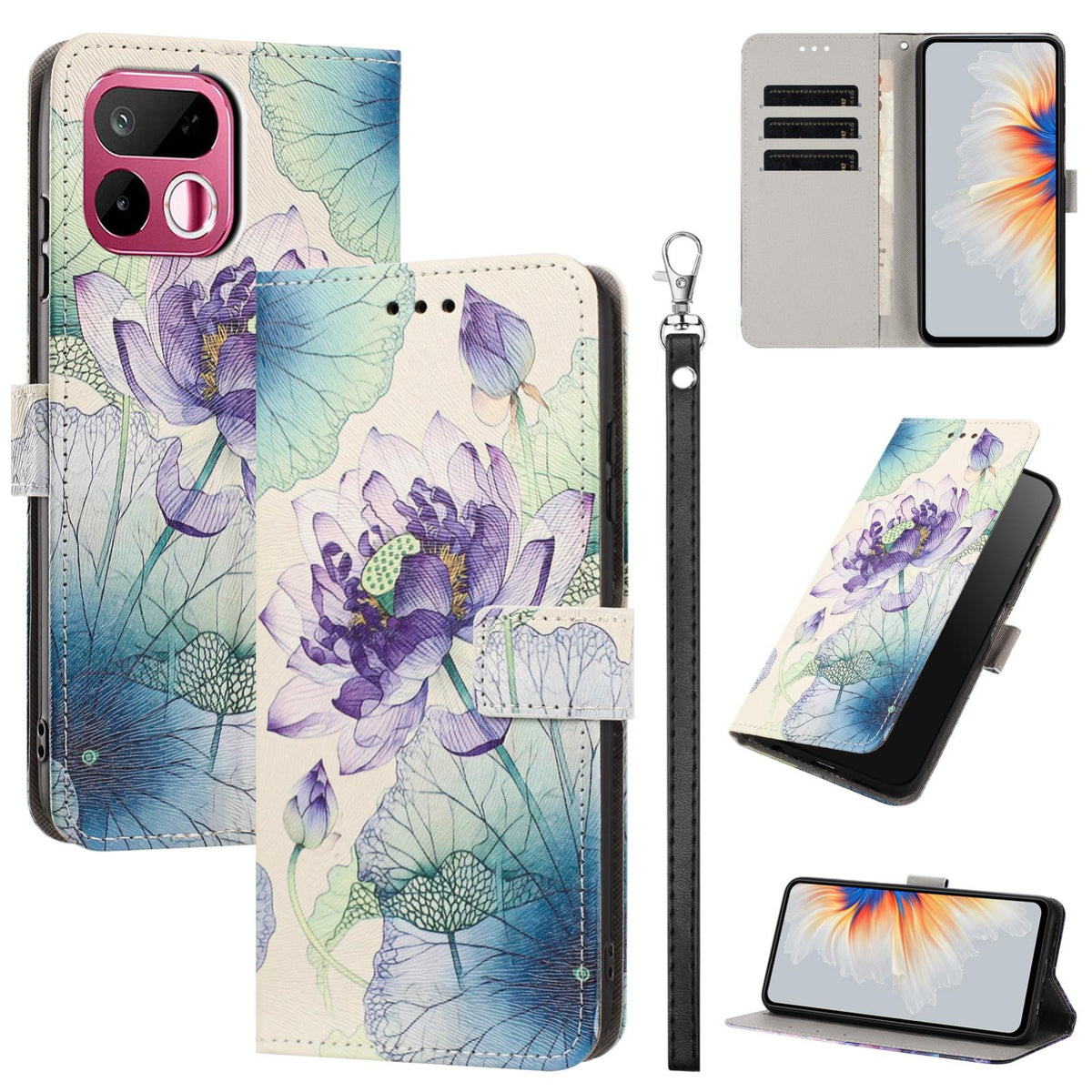 For Realme 16T 5G Painted Pattern Vegan Leather Phone Case with Strap - Purple Lotus - EDA009449625H