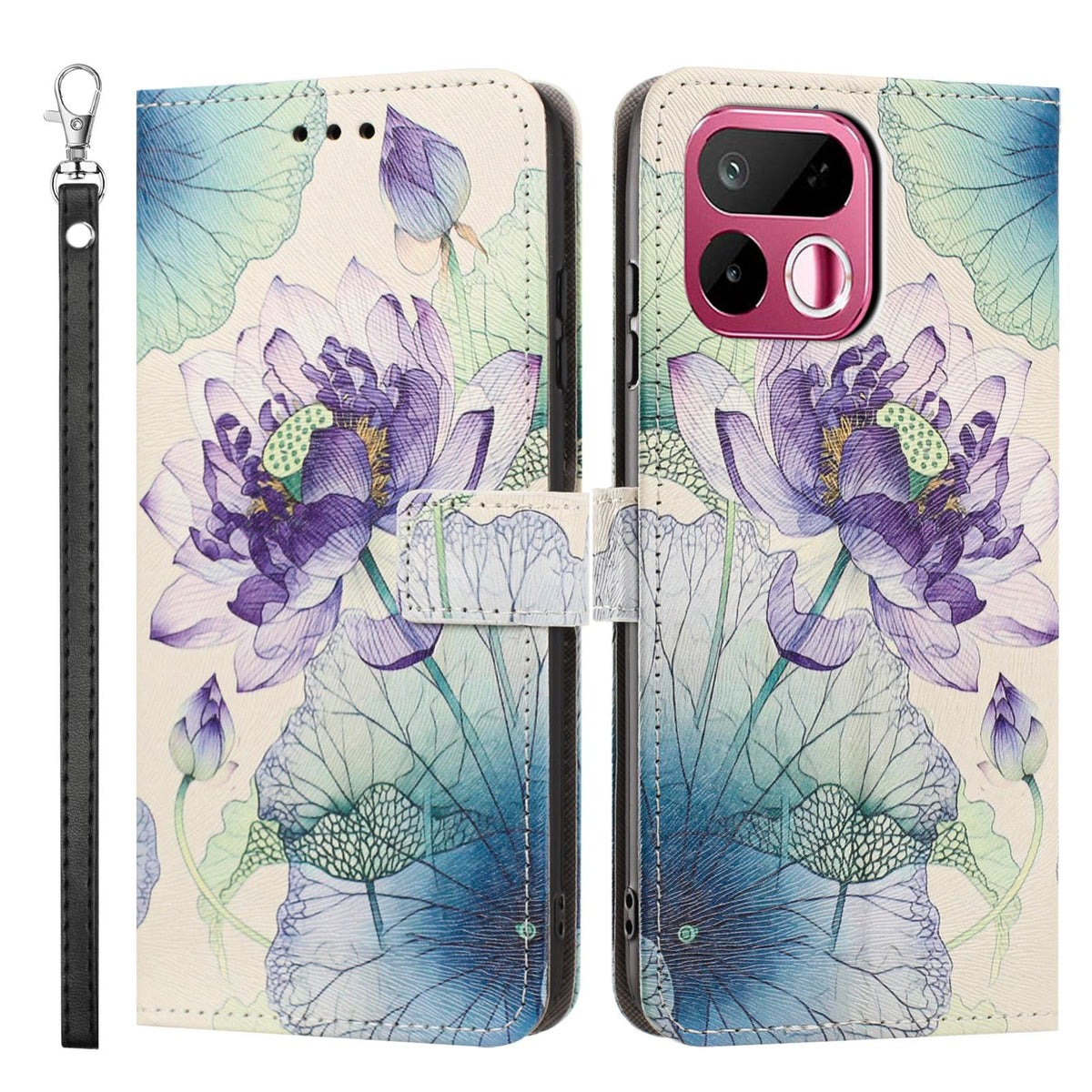For Realme 16T 5G Painted Pattern Vegan Leather Phone Case with Strap - Purple Lotus - EDA009449625H