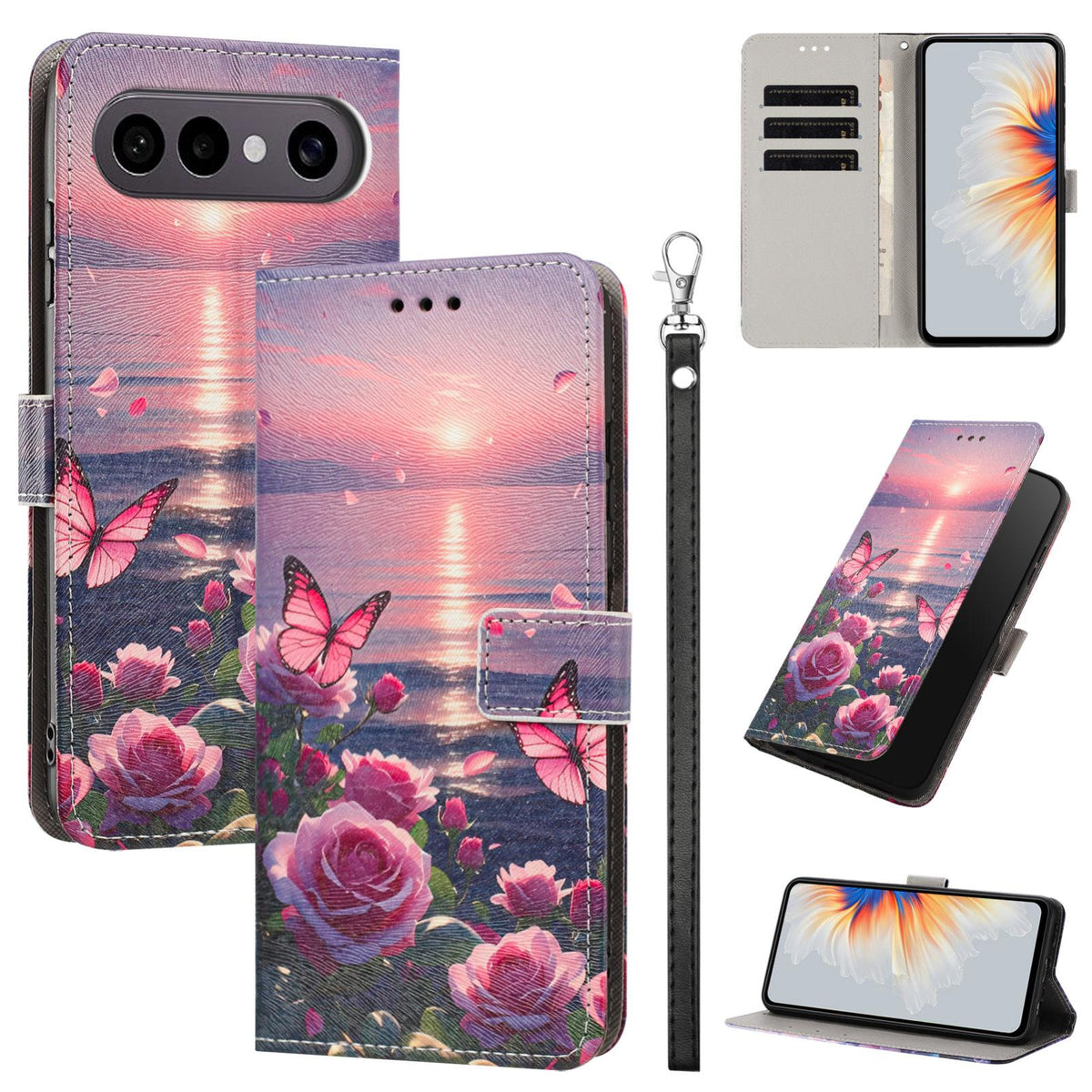 For vivo X300 FE 5G / S50 Pro mini 5G Painted Pattern Vegan Leather Phone Case with Strap - Rose Butterfly - EDA009456529A