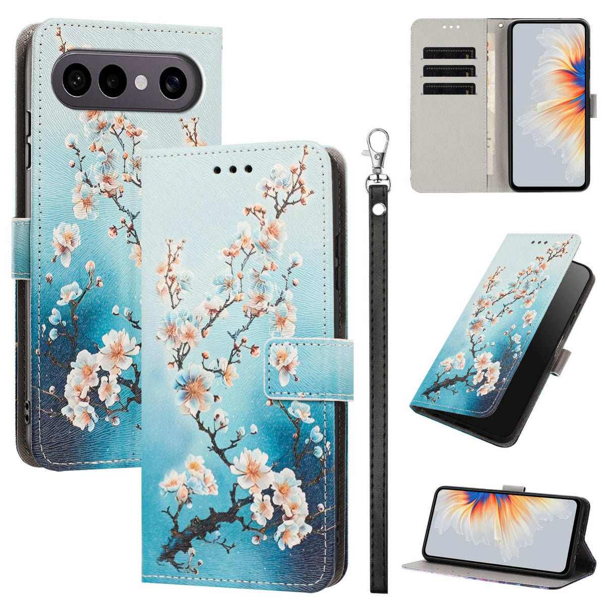 For vivo X300 FE 5G / S50 Pro mini 5G Painted Pattern Vegan Leather Phone Case with Strap - Plum Blossom - EDA009456529B