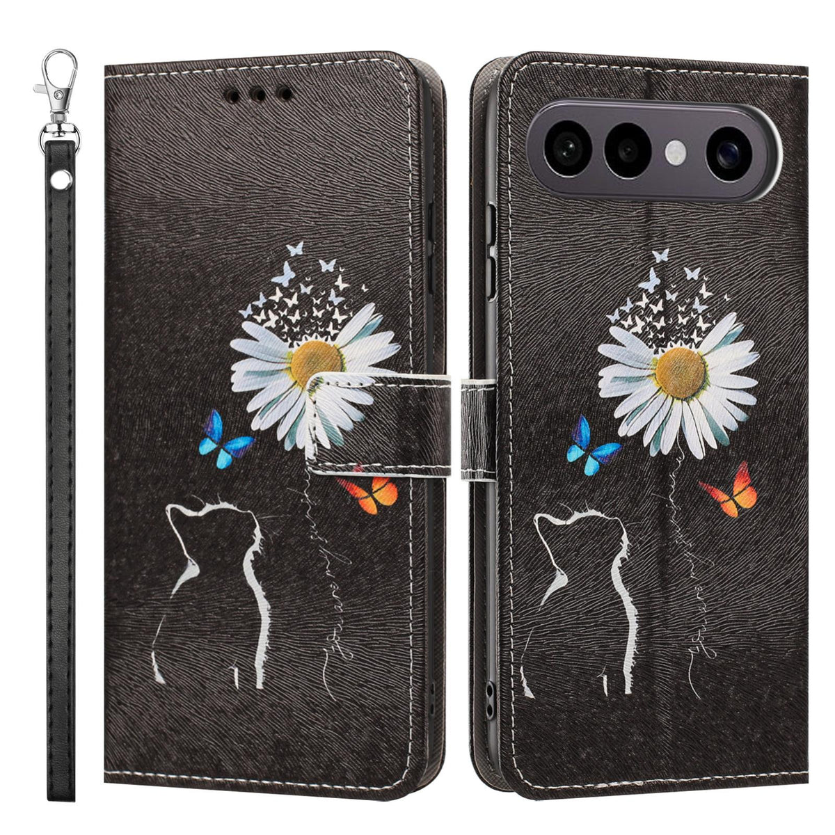 For vivo X300 FE 5G / S50 Pro mini 5G Painted Pattern Vegan Leather Phone Case with Strap - Daisy Cat - EDA009456529D