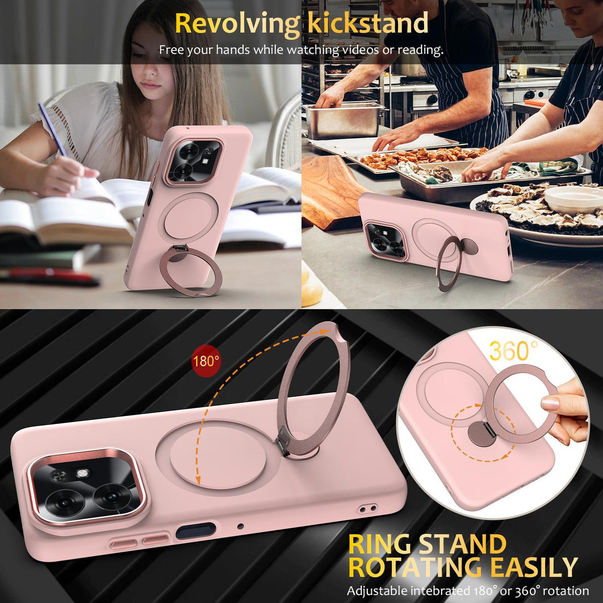 For Honor X6d 5G / 500 Smart Global  Gen1.5 Pivot Ring Holder TPU Hybrid PC Phone Case - Pink - EDA009462005B