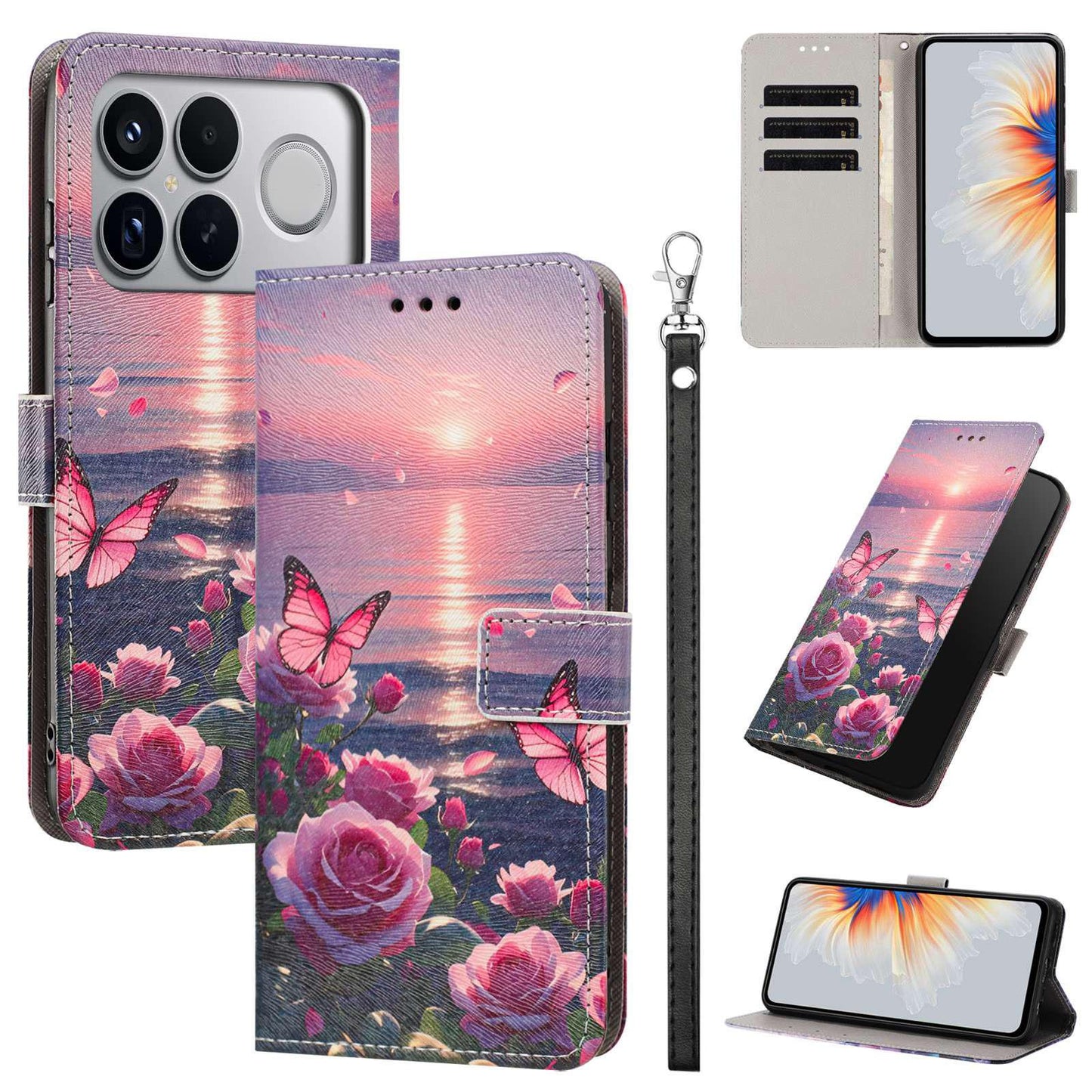 For Redmi K90 Pro Max/Poco F8 Ultra 5G Painted Pattern Vegan Leather Phone Case with Strap(Rose Butterfly)