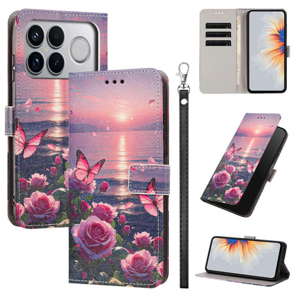 For Redmi K90 Pro Max/Poco F8 Ultra 5G Painted Pattern Vegan Leather Phone Case with Strap(Rose Butterfly)