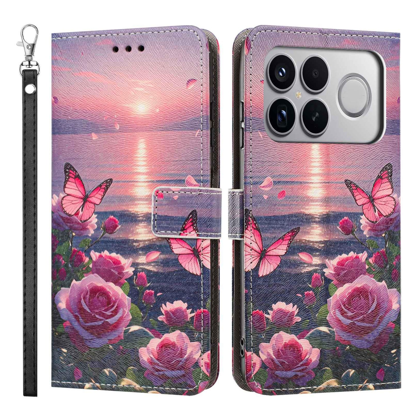 For Redmi K90 Pro Max/Poco F8 Ultra 5G Painted Pattern Vegan Leather Phone Case with Strap(Rose Butterfly)