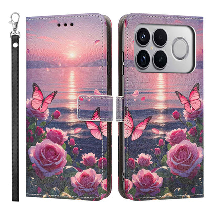 For Redmi K90 Pro Max/Poco F8 Ultra 5G Painted Pattern Vegan Leather Phone Case with Strap(Rose Butterfly)